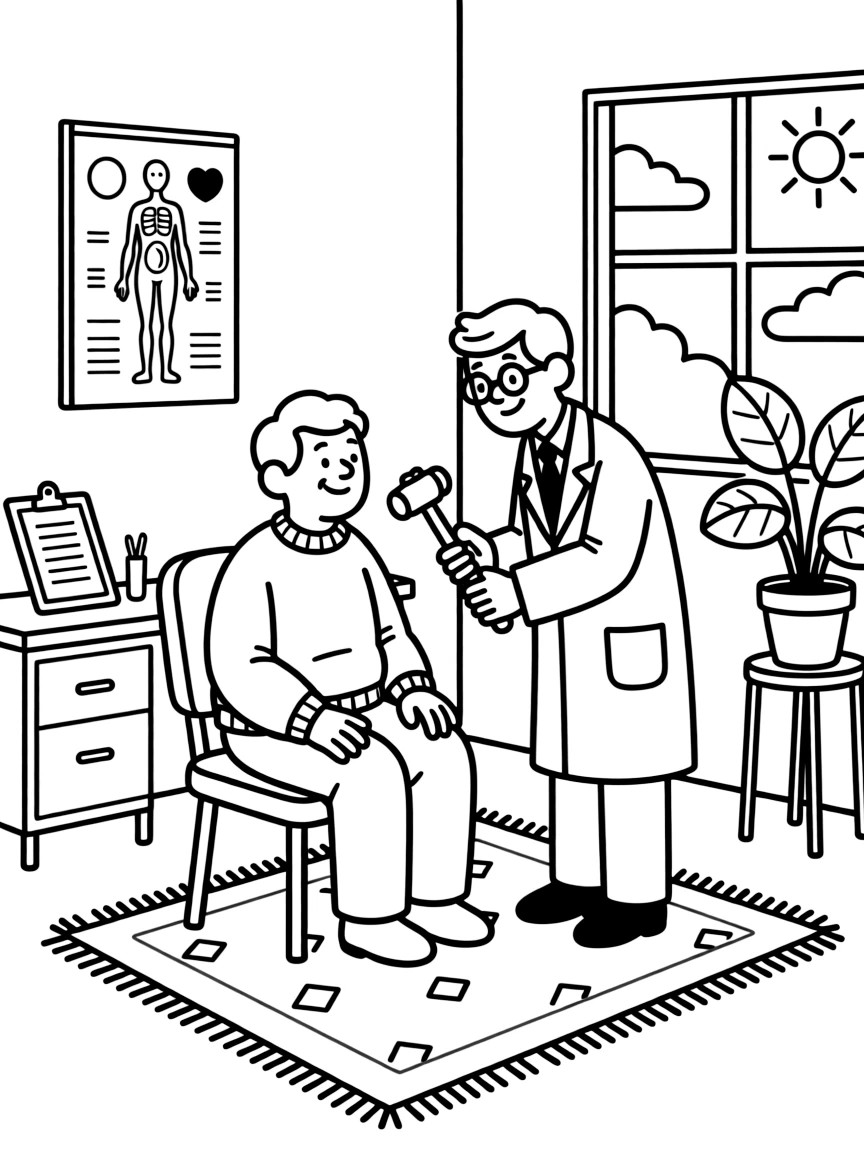 A geriatric doctor checks an elderly patient's reflexes with a small rubber hammer.