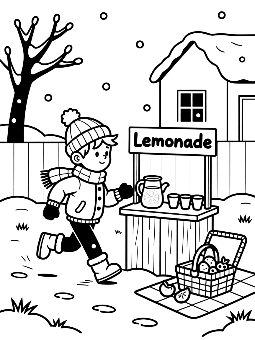 A boy with a hearing aid running a lemonade stand alone in a snowy front yard, deeply focused, with a picnic basket nearby.