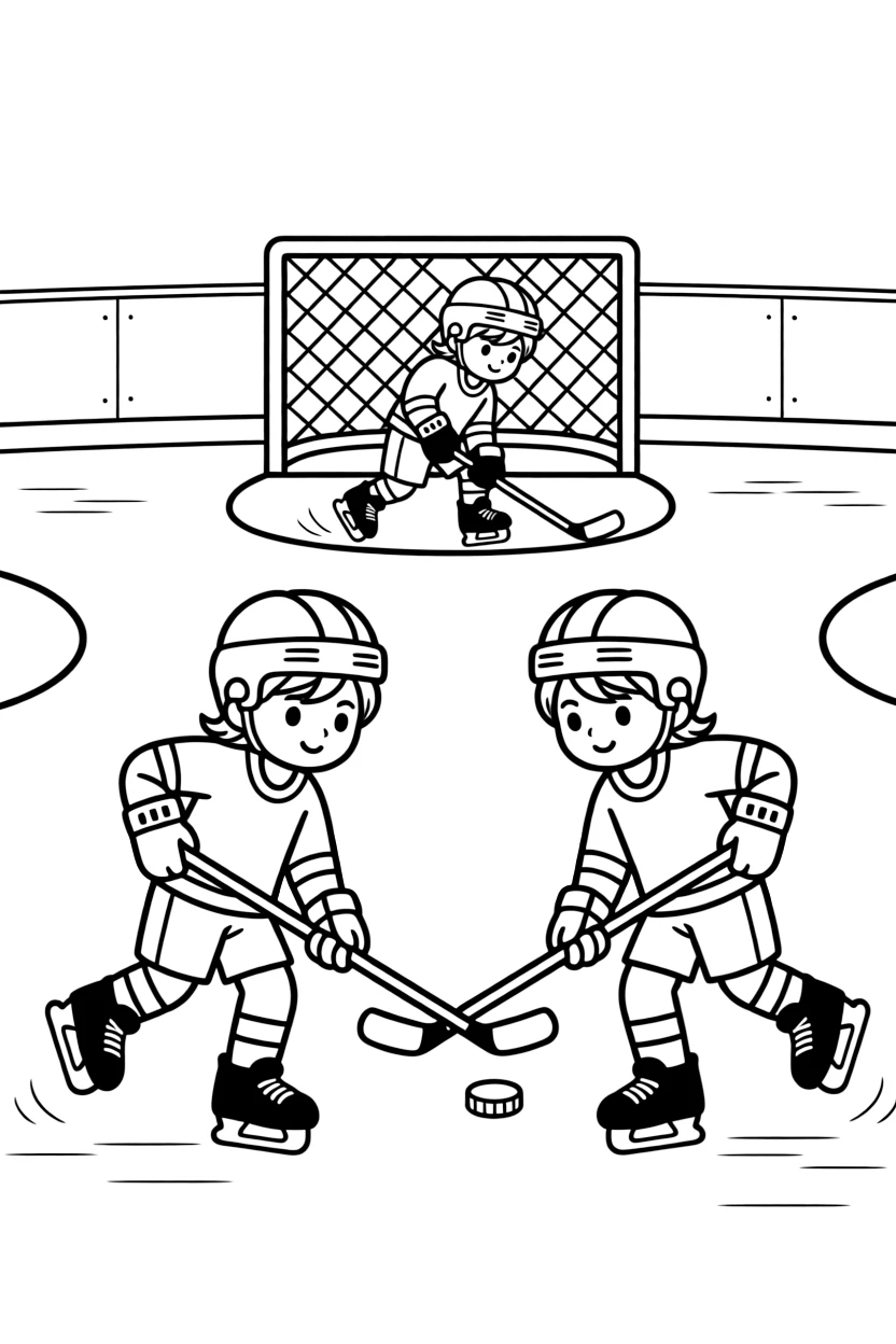 A pair of twin siblings, passing the puck across the blue line to a teammate breaking toward the net.