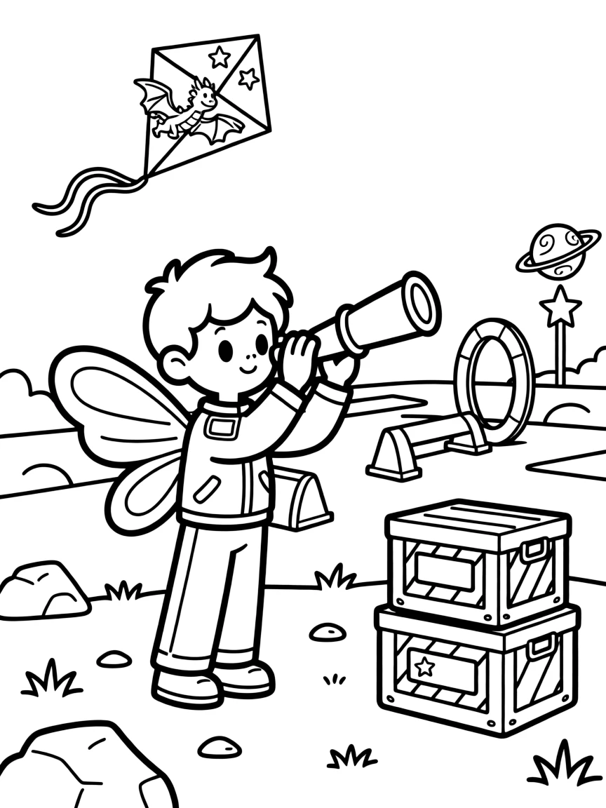 Klip, an alien with butterfly-like wings calibrating a telescope to find a new planet for the star atlas in a training academy for young space cadets with obstacle courses, as a kite shaped like a friendly dragon flying overhead and a stack of colorful supply crates fill the scene.
