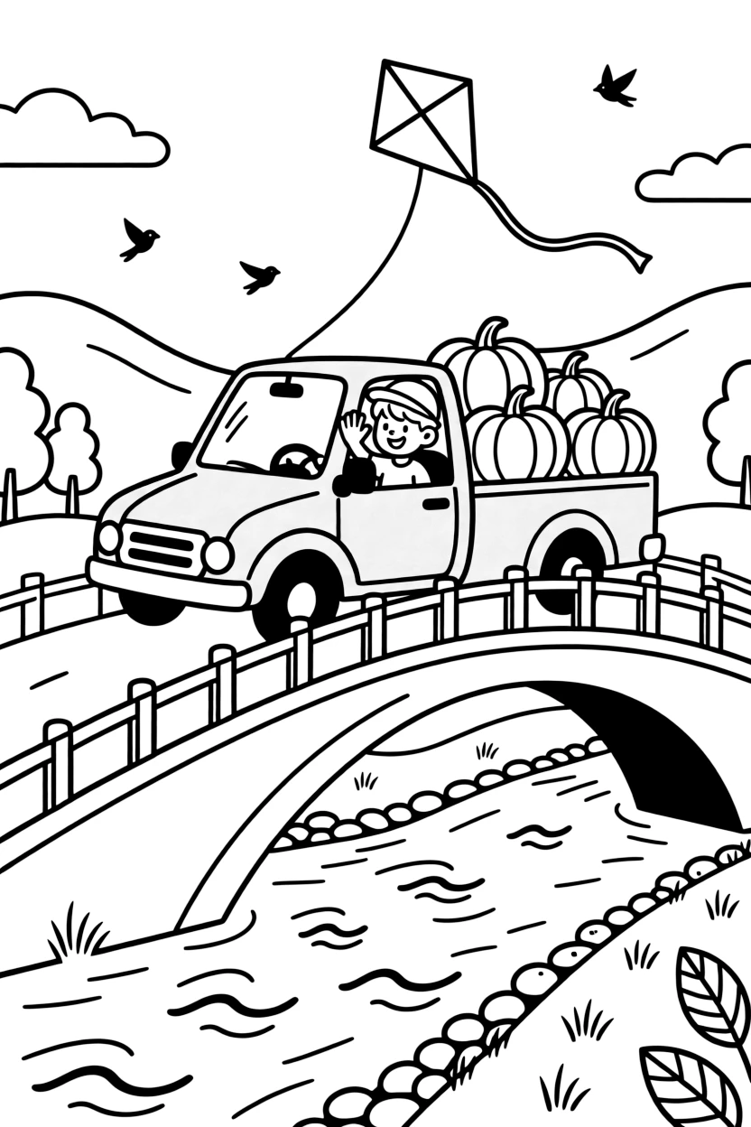 The scene captures a bright red pickup truck hauling a trailer of pumpkins in the middle of a long bridge stretching over a sparkling river, with a smiling driver wearing a cap and waving hello nearby and a kite dancing in the breeze above sprinkled around for extra fun.