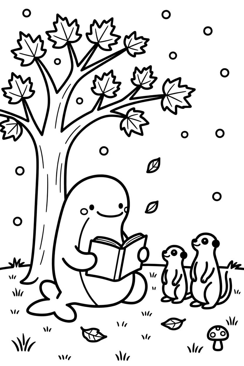 A narwhal reading a storybook under a tree with a meerkat family in an enchanted forest clearing, near a maple tree in autumn colors, as gentle snowflakes drift down.