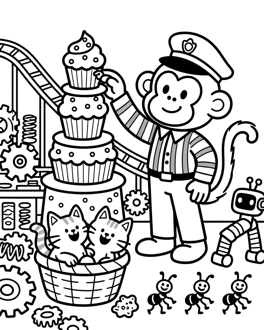 A shy roller coaster conductor monkey is decorating a tower of cupcakes with sprinkles in a workshop cluttered with half-built inventions, joined by a basket of kittens tumbling over each other and a line of ants carrying a picnic crumb. The whole crew is grinning from ear to ear.
