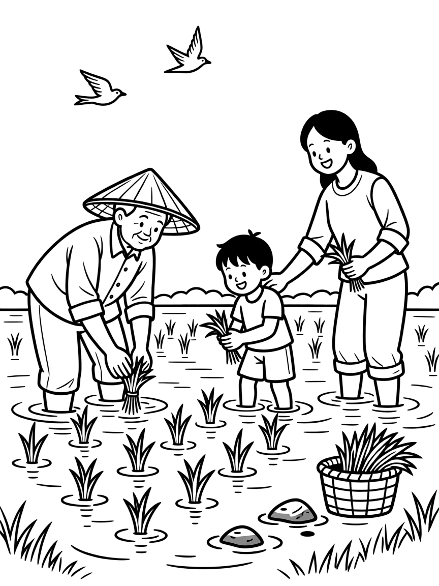A coloring page of a family planting rice seedlings together in a flooded green paddy field in Vietnam, showing grandparents, parents, and children all taking part together in the fun.