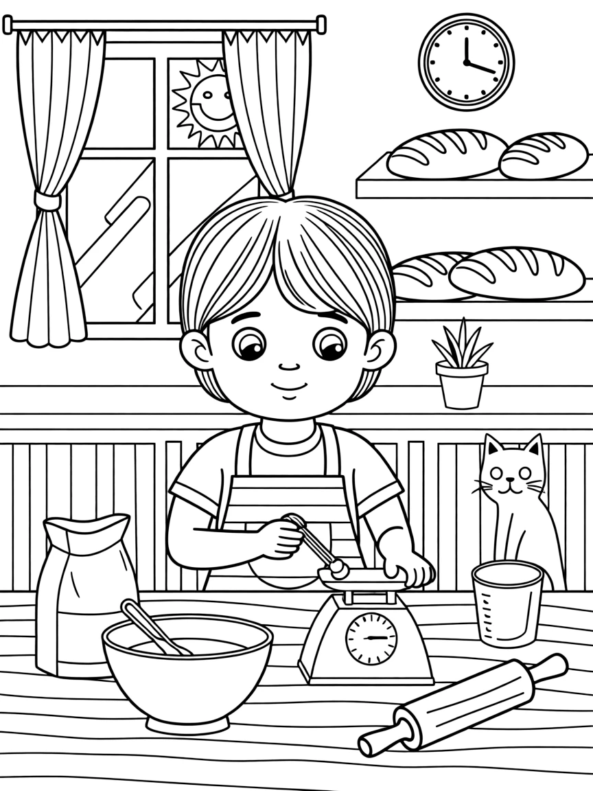a gentle small child measures ingredients on a scale while learning to bake bread at a bakery.