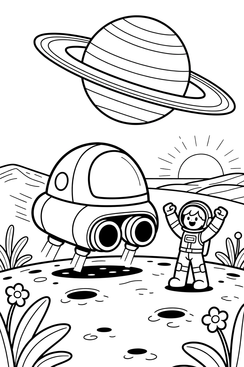 [Spaceships] a chunky space cruiser landing gently on a cratered moon near a ringed gas giant, cheering with both fists raised, while alien plants dot a nearby planet's surface fills the surrounding area. Exhaust flames glow bright beneath the engines. Set at sunrise, with a light breeze blowing, the page bursts with adventure and imagination.