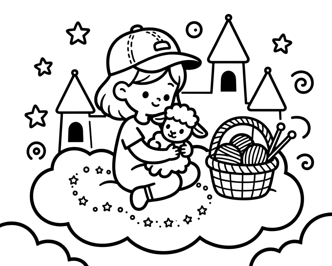 A girl wearing a backwards baseball cap is cuddling a newborn farm animal atop a fluffy cloud shaped like a castle. Scattered nearby, a basket of yarn and knitting needles nearby and a trail of glittering fairy dust make the setting feel extra special.