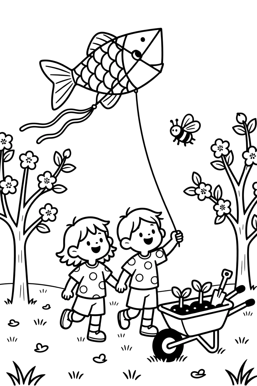 A close-up of children flying kites shaped like fish in an orchard where fruit trees are just beginning to flower, surrounded by a bee buzzing near a blossom and a wheelbarrow full of seedlings.