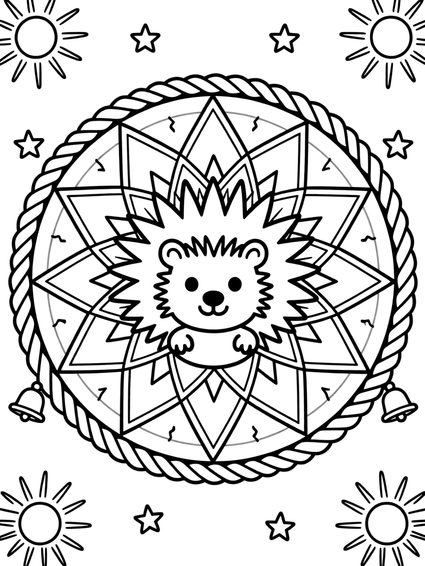Woodland Animals: The design turns a porcupine with quills fanned like a sunburst into a kaleidoscope-style composition anchored by a diamond lattice mandala crossing over itself in a grid. The imagery is broken into repeating fragments that spin outward from the center in a kaleidoscope-style circle of matching wedges. Decorative details fill the surrounding space, including bands of braided rope shapes, rays fanning out like a small sunburst, and clusters of tiny bells woven throughout the background. A playful extra touch completes the page: a scattering of small stars filling in any open gaps in the pattern.
