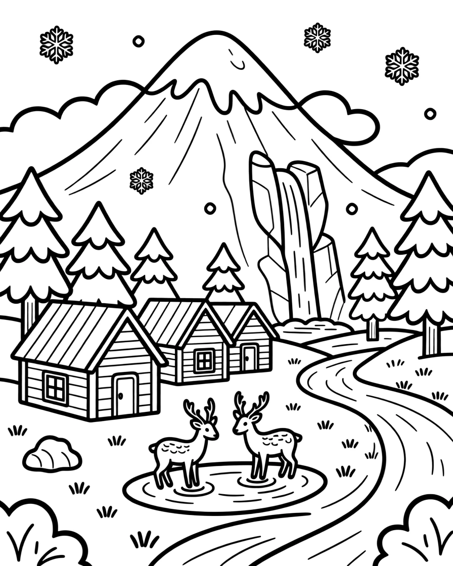 [Mountain Peaks] A small mountain village of wooden cabins nestles at the base of a dramatic, cloud-wrapped peak. A small waterfall cascades down the rocky face into a clear pool where deer come to drink. Snow-capped peaks tower over a valley filled with pine forests and a winding river below. Fresh snowflakes drift down over the mountainside, dusting the rocks and pine branches.