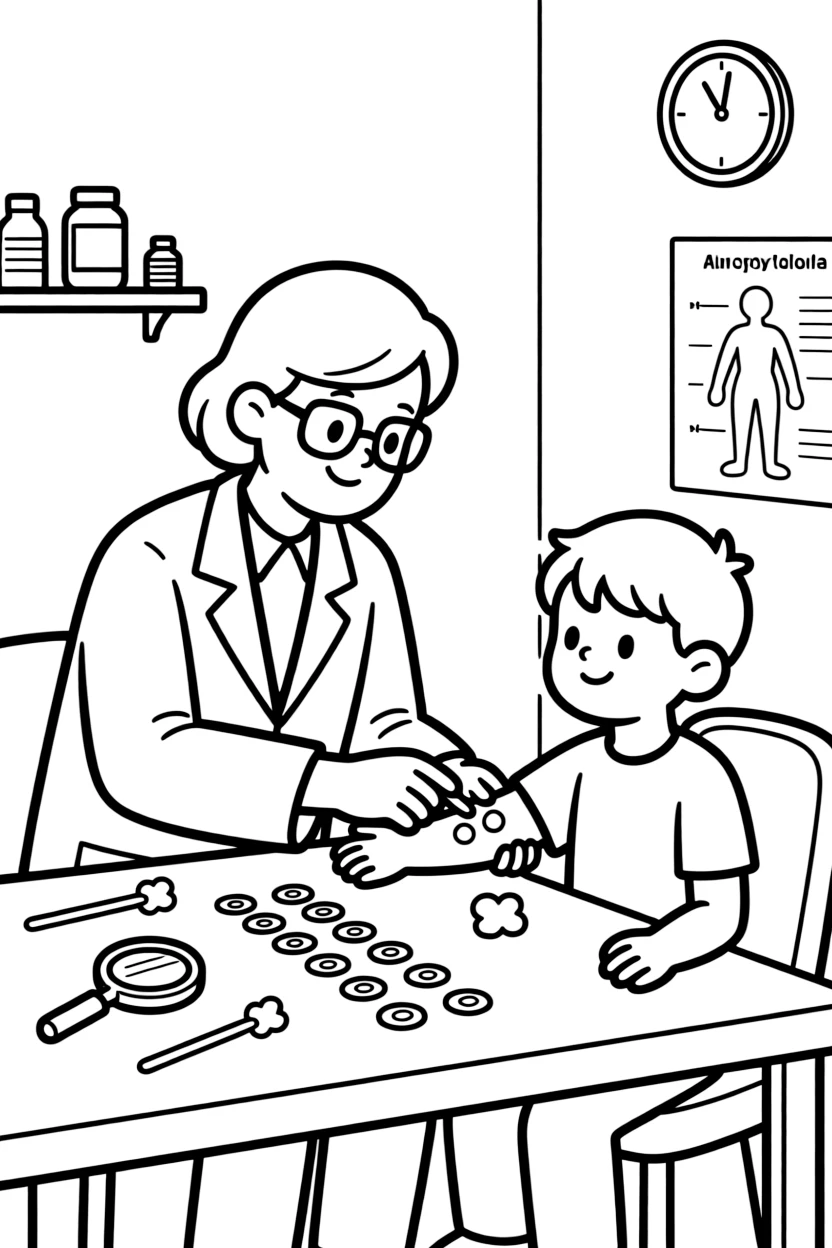 An allergist tests a patient's arm with tiny pinprick patches on a clinic table.