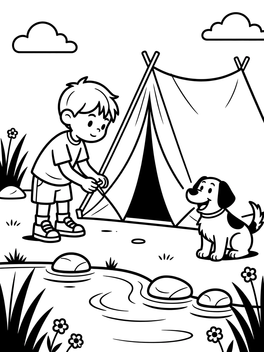 A small boy setting up a tent alone by a small pond, deeply focused, while a friendly dog wags its tail.