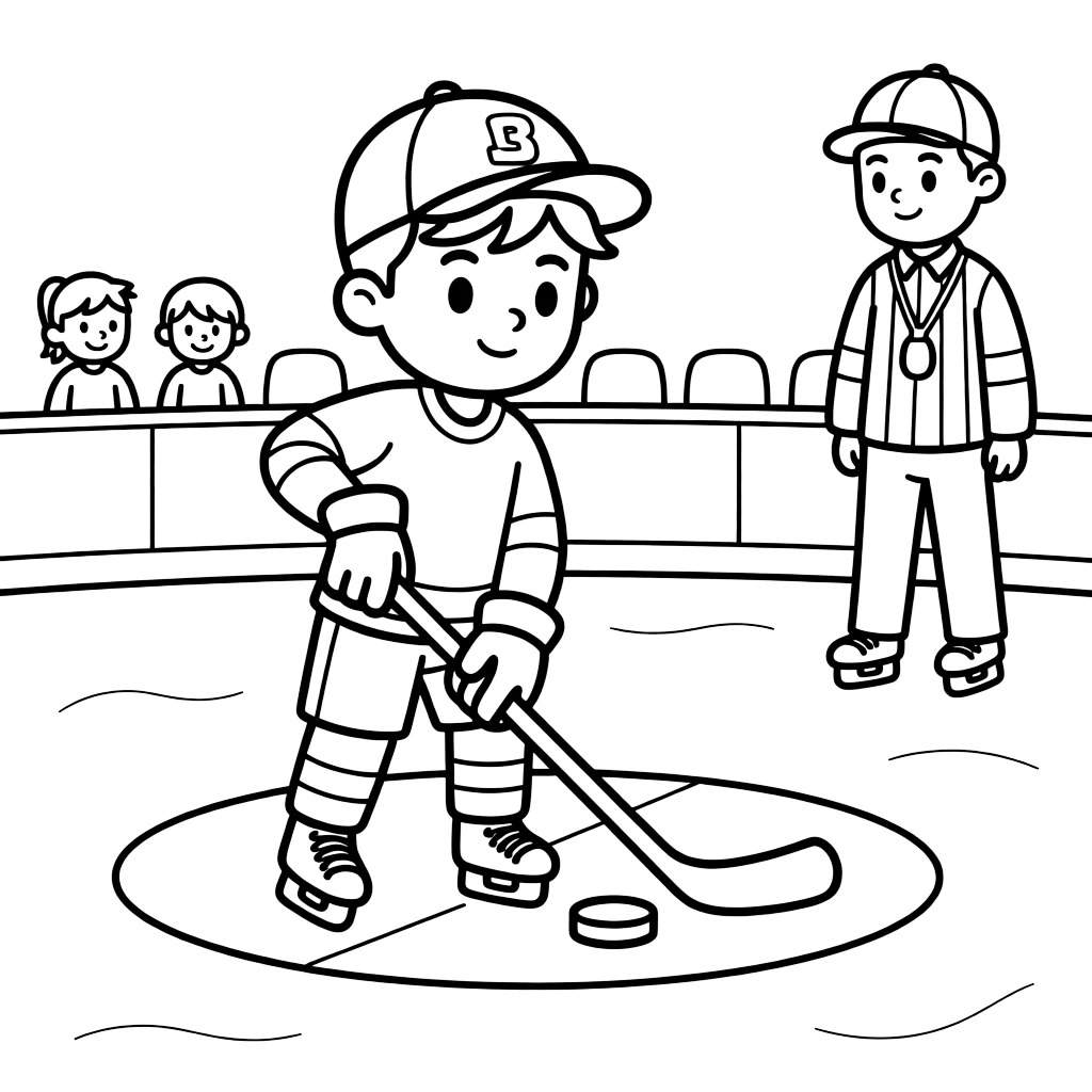 A confident boy wearing a bright cap, taking a face-off at center ice, stick poised and eyes locked on the referee.