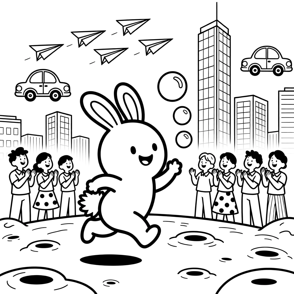 Tumble, a bouncy alien creature with rabbit-like ears chasing bubbles that float upward instead of down on a low-gravity moon in a bustling futuristic city with towering glass skyscrapers and flying cars, as a cheerful crowd gathered for a festival and a fleet of paper airplanes gliding past fill the scene.
