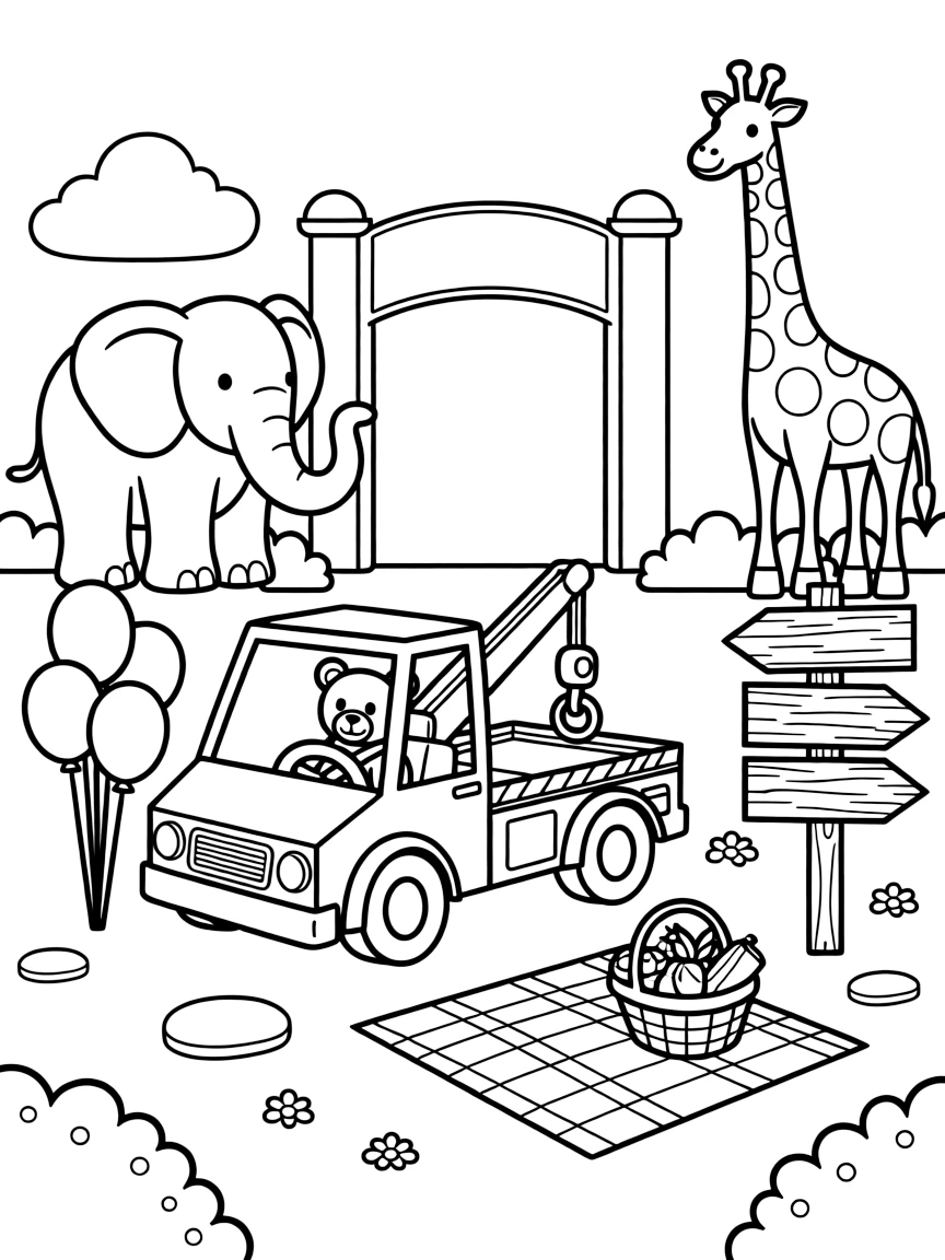 A coloring page featuring a tow truck lifting a stranded car with a hook, traveling through a friendly zoo entrance with animal statues and balloon stands, with a teddy bear buckled safely into the passenger seat and an old wooden signpost pointing to faraway towns and a picnic basket and blanket spread out nearby filling the scene.