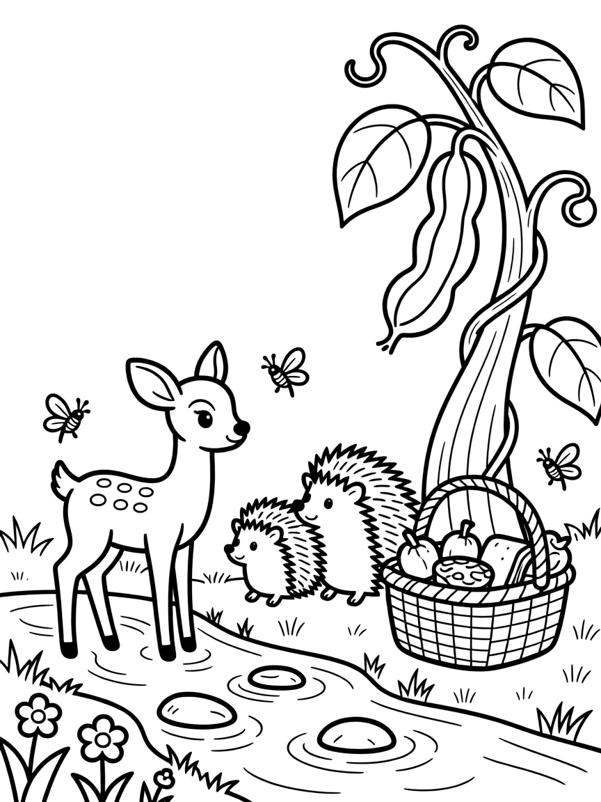 A deer fawn watching fireflies light up with a family of hedgehogs beside a bubbling brook, near a giant beanstalk, with a picnic basket full of treats nearby.