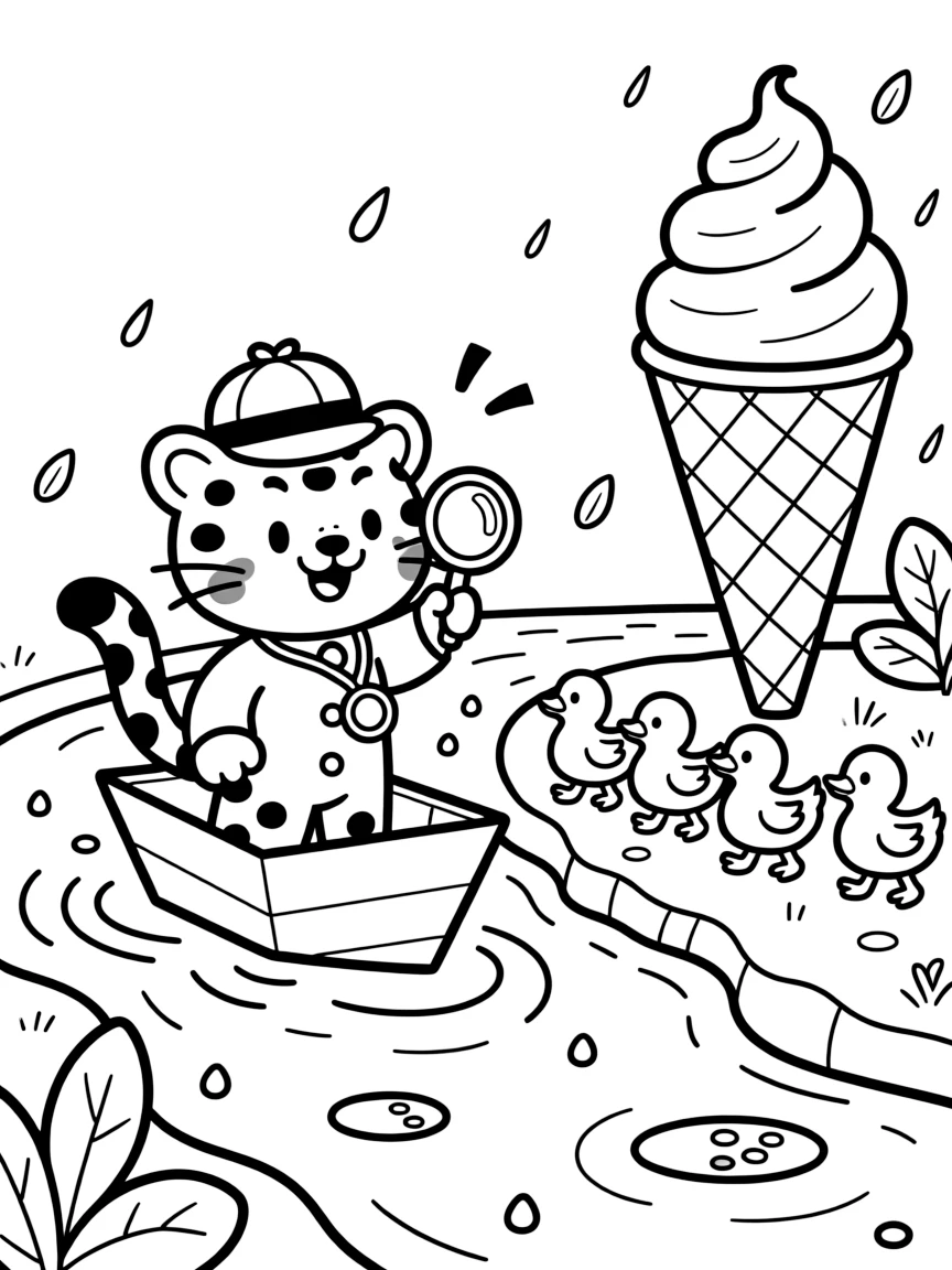 Fluffy and full of excitement, a leopard cub detective spends the day sailing a paper boat down a rain-puddle river at an ice cream parlor shaped like a giant cone. Nearby, a family of ducklings waddling in a neat line adds to the fun. A gentle breeze carries the sound of joyful laughter.