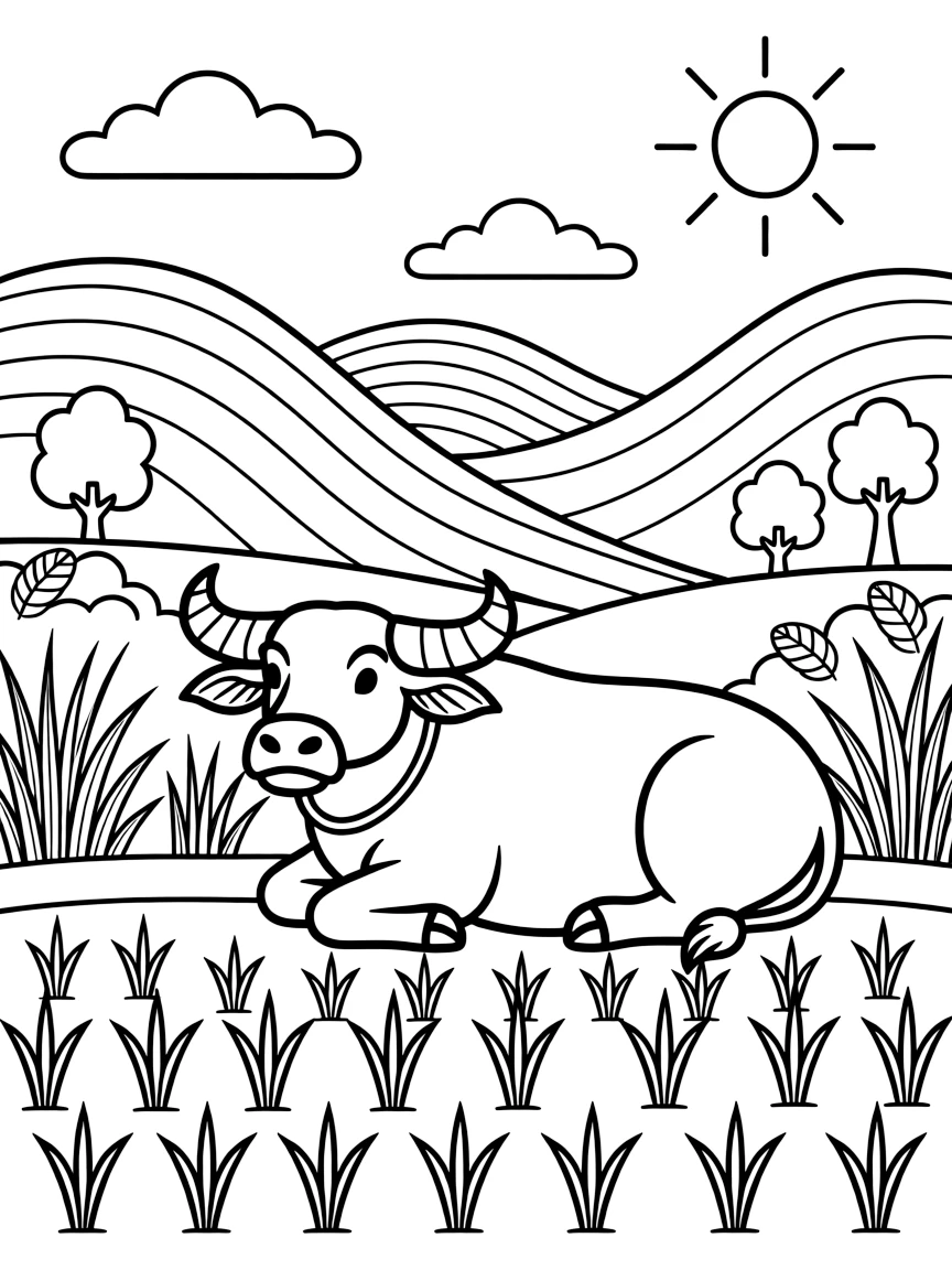 A coloring page of a gentle nature scene in Vietnam featuring a water buffalo resting beside a rice paddy, surrounded by plants, rolling hills, and a bright sky.