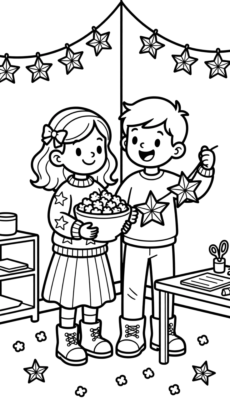 a bold pair of best friends strings popcorn and paper stars for a winter classroom celebration.