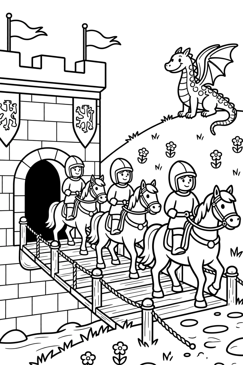 Three brave knights ride armored horses across a drawbridge into a castle courtyard, banners waving as a dragon watches curiously from a nearby hilltop.