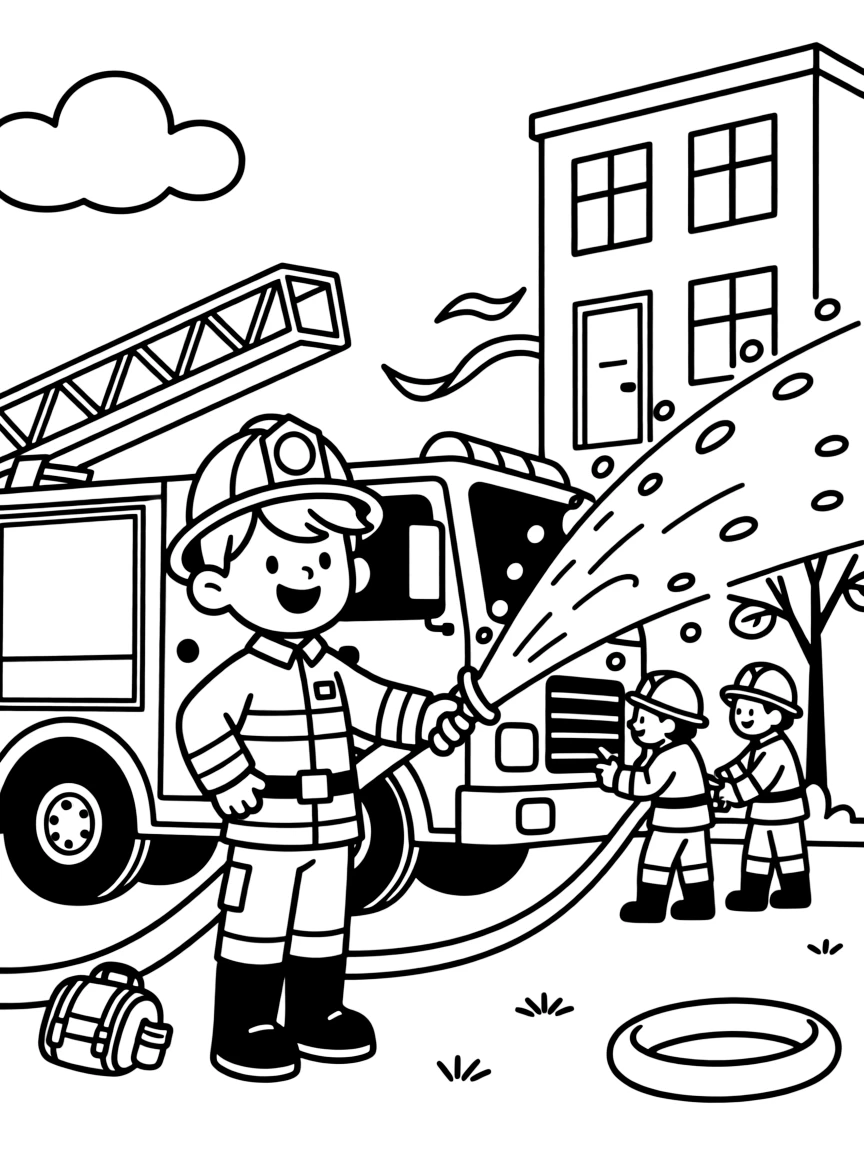 [Firefighters] a young firefighter-in-training standing proudly beside a fire truck outside a tall building, laughing joyfully. Nearby, other firefighters help nearby. Water arcs powerfully from the hose. The scene is captured at sunset, with a light breeze blowing, giving the page a lively and adventurous feel that invites plenty of colorful detail.