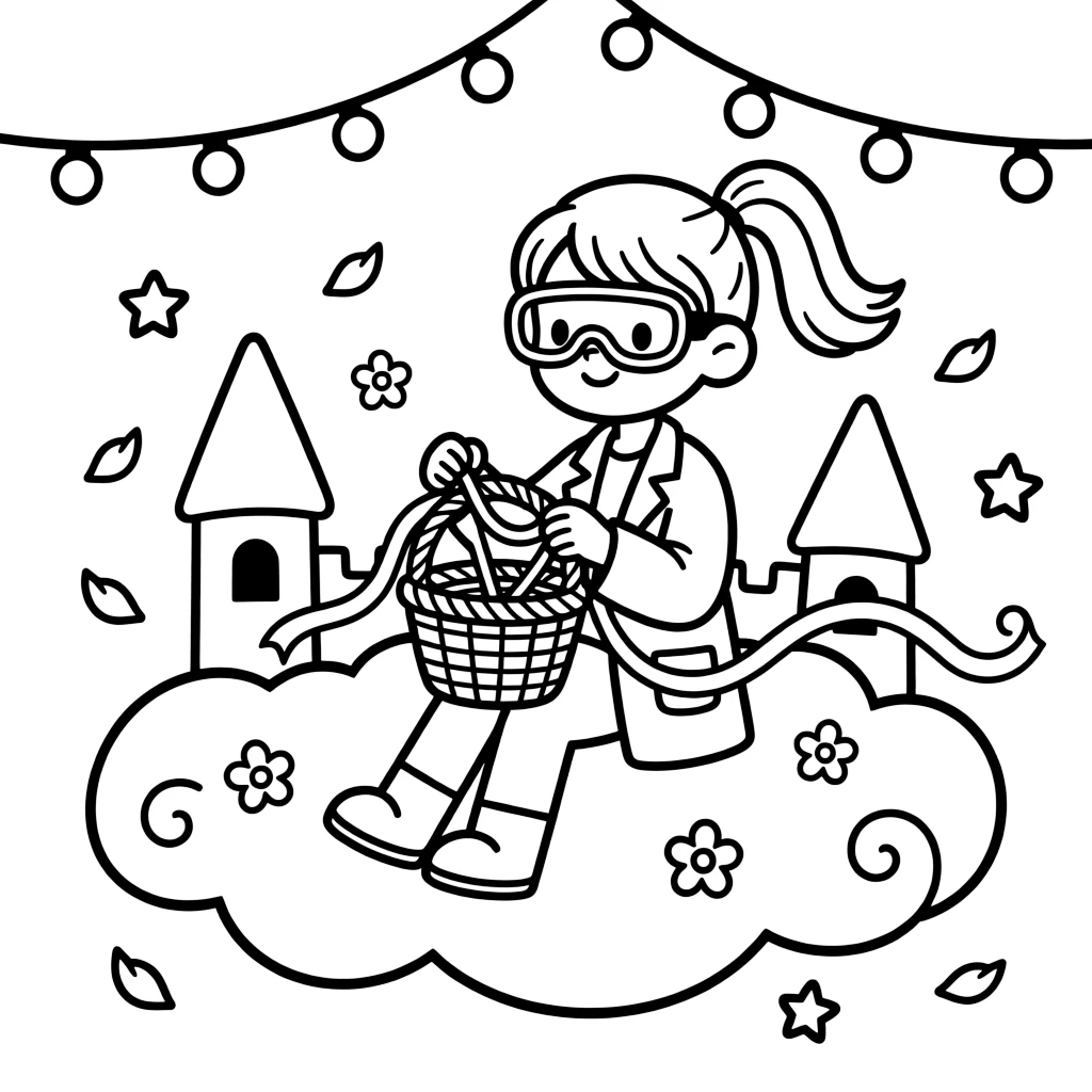 A girl scientist in a lab coat and safety goggles is weaving a basket from colorful ribbons atop a fluffy cloud shaped like a castle. scattered flower petals drifting in the breeze and strings of fairy lights strung overhead add a sprinkle of wonder to the moment.