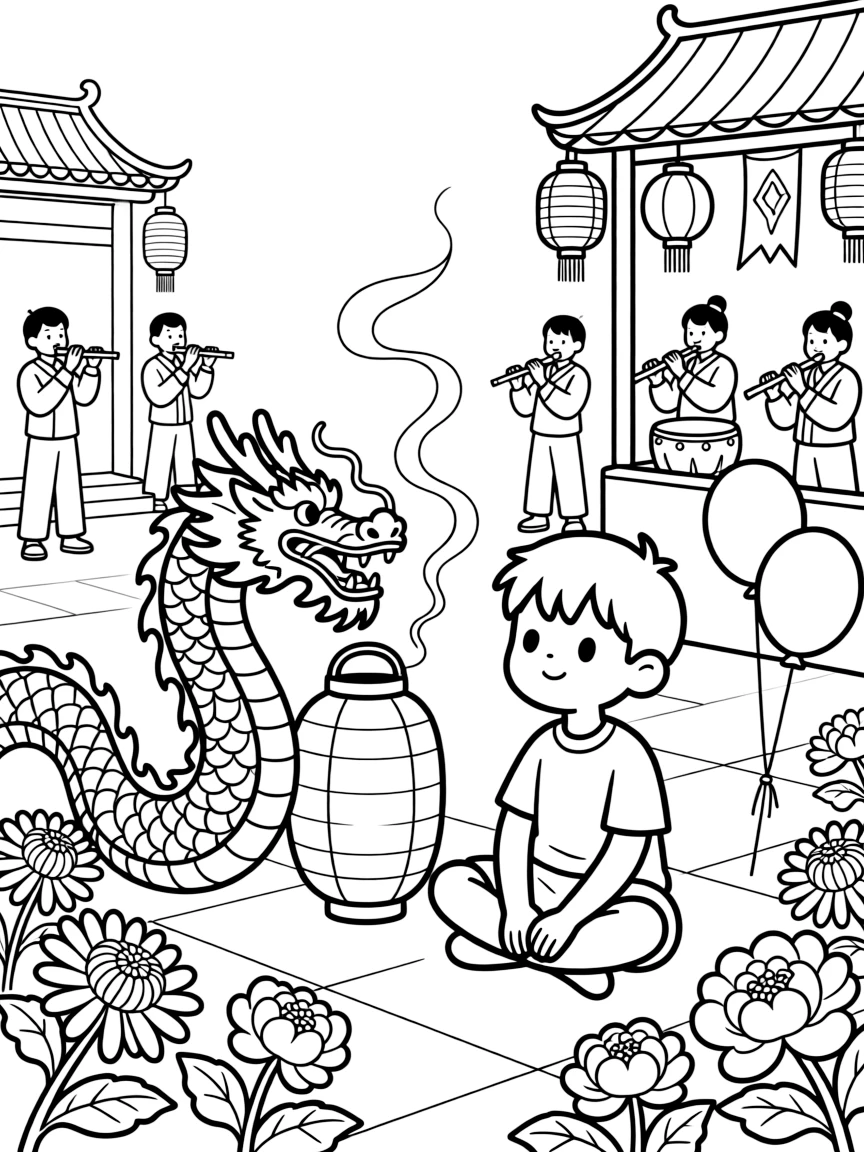 A curious little boy sitting beside a dragon-shaped lantern winding through a crowd in a temple courtyard filled with flowers and incense smoke, with balloons tied to a festive booth and musicians playing lively instruments scattered about.