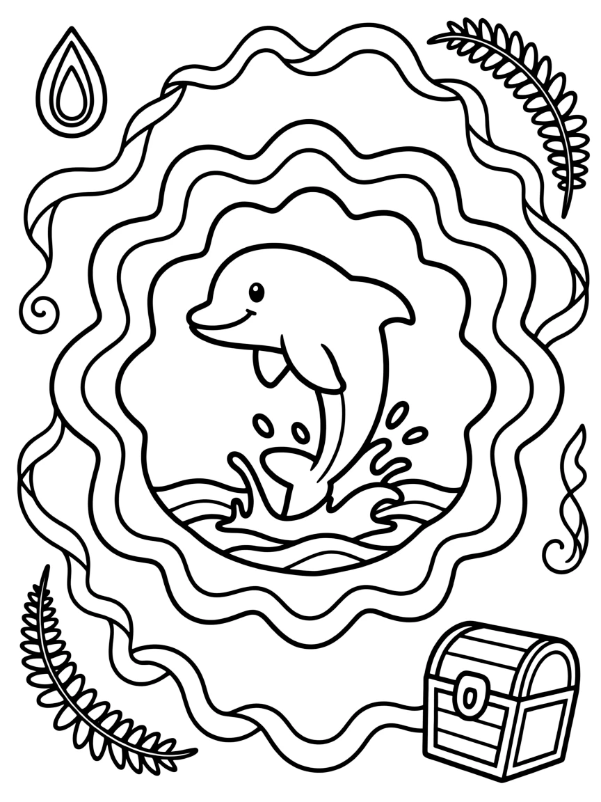 Ocean Creatures: The main subject is a smiling dolphin leaping through a splash, drawn as the focal point of a spiral mandala that winds gently from center to edge. It is centered on the page, anchoring a design that expands outward in smooth, even waves. Decorative details fill the surrounding space, including curling paisley teardrops, curling fern-frond shapes, and ribbons folded into gentle zigzags woven throughout the background. A playful extra touch completes the page: a small treasure chest half-hidden along one edge of the design.