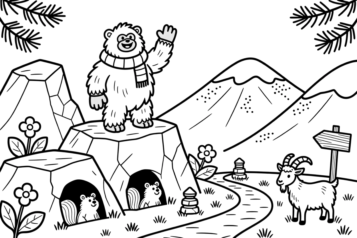 [Mountain Peaks] A friendly yeti waves from a rocky outcrop, surrounded by patches of snow and mountain flowers. Below, marmots poke their heads out from between the rocks, watching a family of goats graze nearby. Jagged rock formations rise beside a winding trail marked with cairns and wooden signposts. A crisp breeze carries the scent of pine as snow gently dusts the higher slopes.