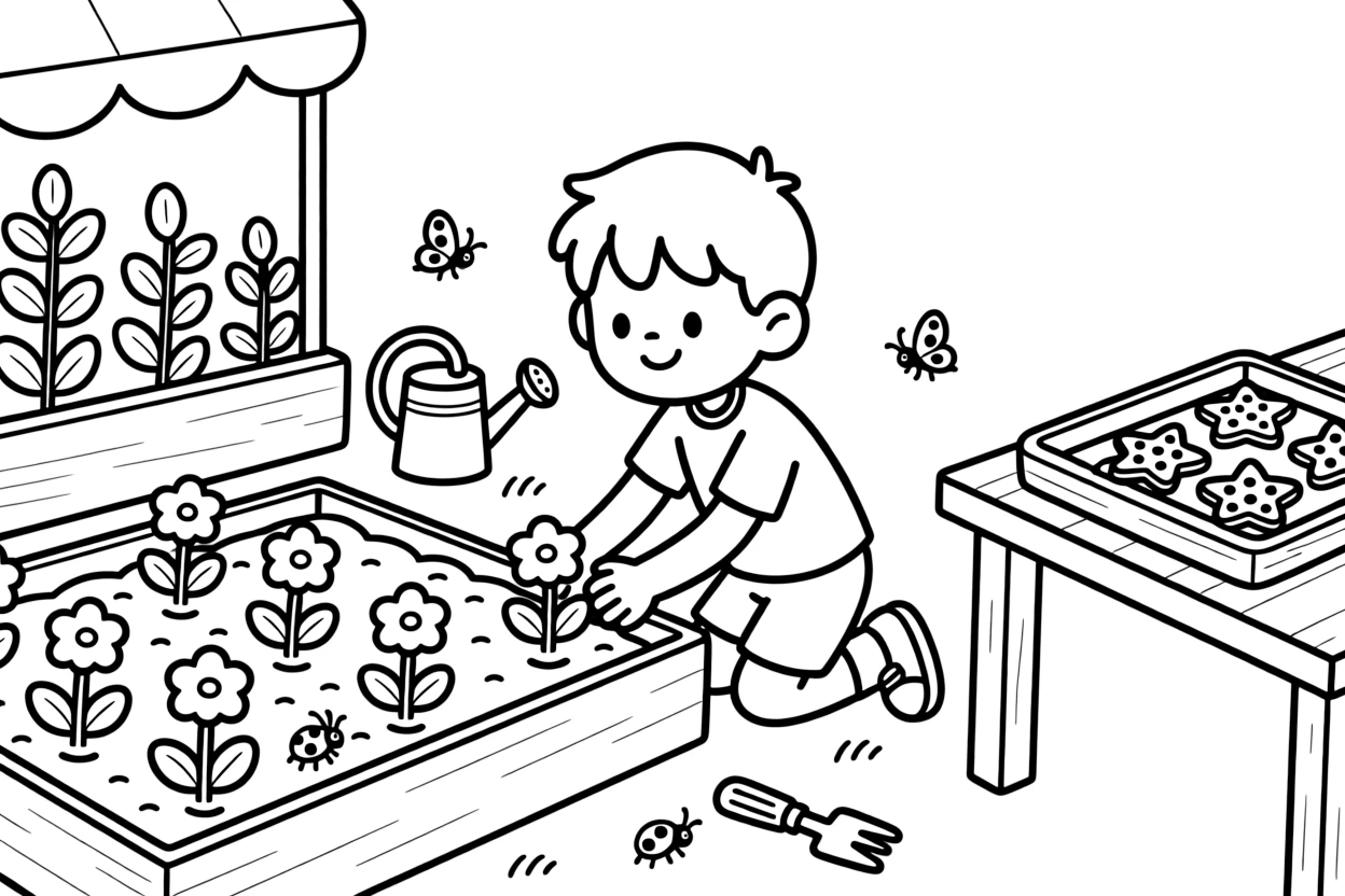 A little boy planting flowers in a shared plot at a farmers market as star-shaped cookies cool on a tray.
