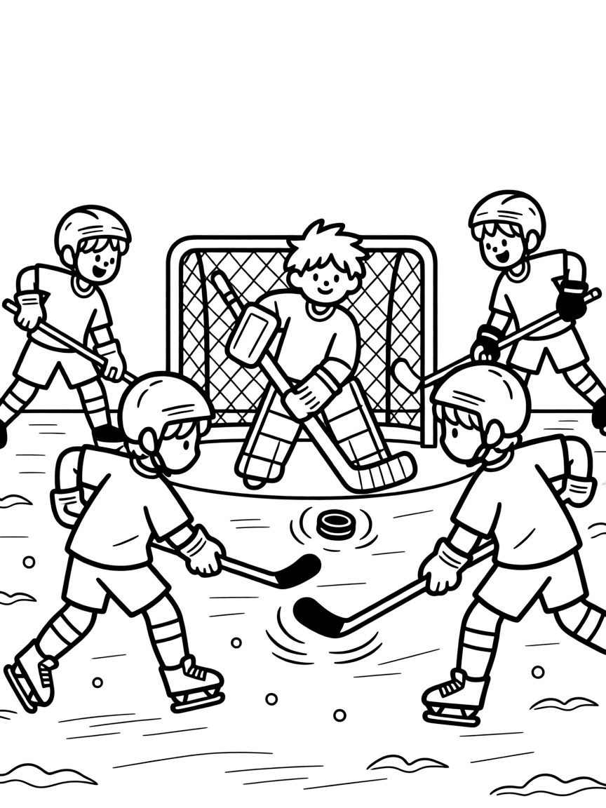 A group of classmates, diving to block a shot with the goalie stick as the puck ricochets away.