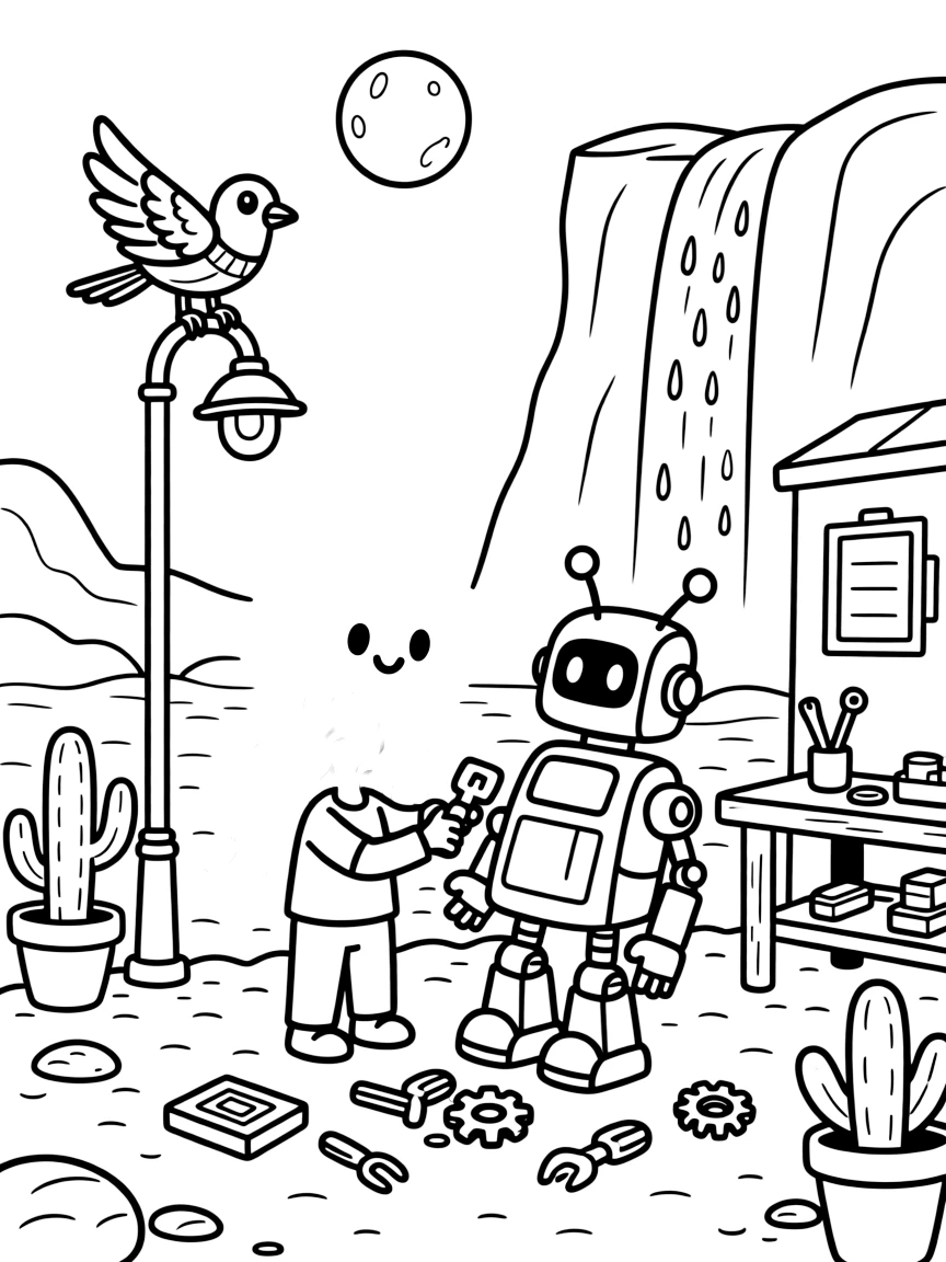 Marsh, a glowing jellyfish-like alien creature building a robot friend from spare parts in a backyard workshop in a small frontier town on a dusty desert moon, as a robotic bird perched on a lamp post and a waterfall of sparkling light cascading down a cliff fill the scene.