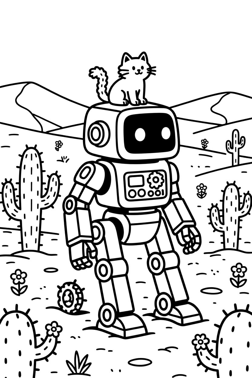 A robotic exosuit walker with clanking mechanical legs takes center stage in a golden desert dotted with cacti and distant sand dunes, where a curious cat perched on the hood can be seen nearby, surrounded by gears and control panels glowing softly.