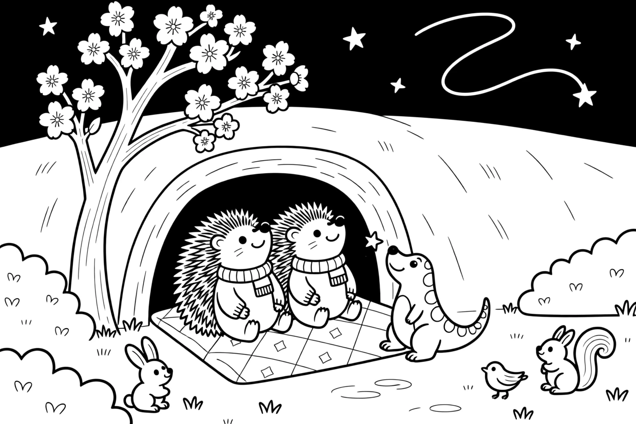 A family of hedgehogs stargazing on a blanket with a T-Rex hatchling in a cozy burrow, near a blooming cherry blossom tree, while baby animals peek out from the bushes.