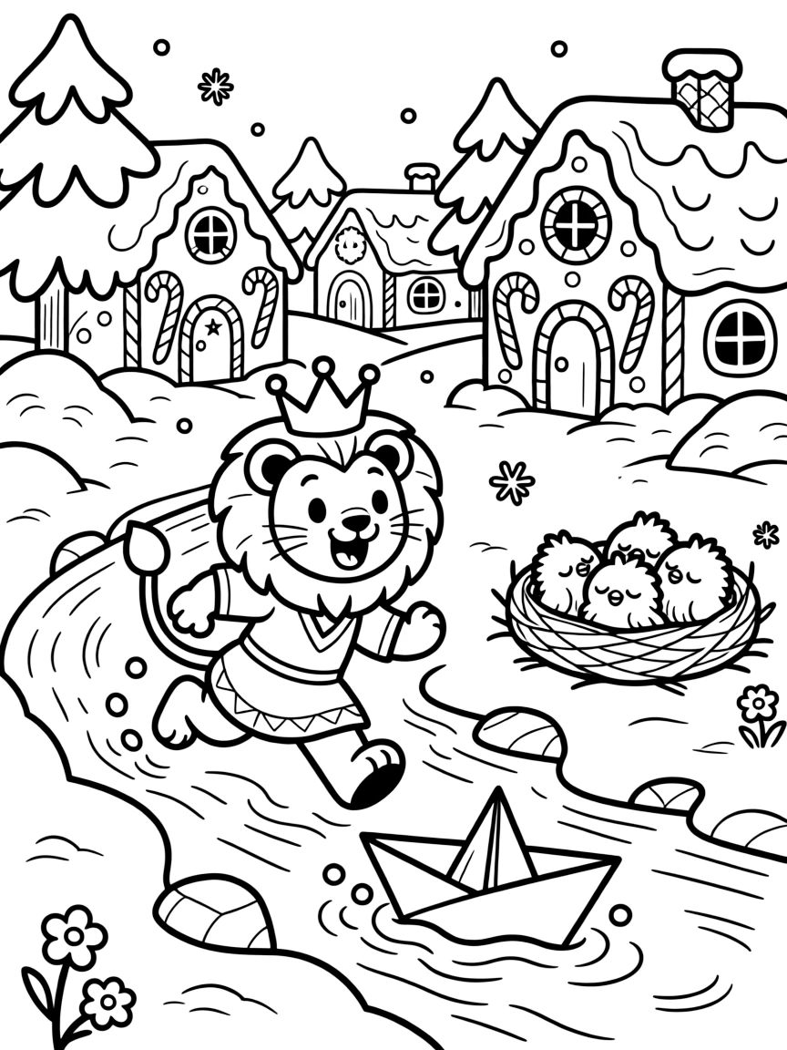 Starry-eyed and full of excitement, a lion cub king-in-training spends the day racing paper boats down a bubbling brook in a snow-covered village lined with gingerbread houses. Nearby, a nest of sleepy baby birds adds to the fun. The whole crew is grinning from ear to ear.