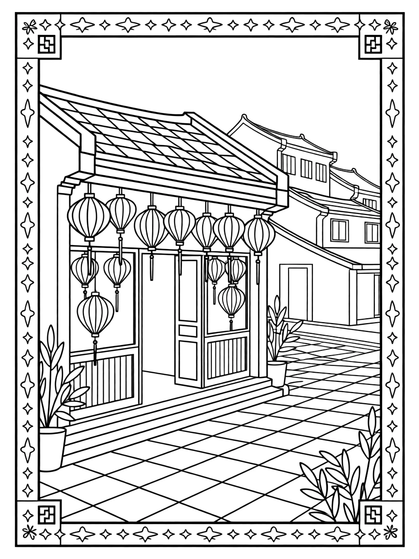 A coloring page featuring a red lacquer lantern shop glowing at dusk in an old town street from Vietnam, framed by a simple border of flowers, stars, or geometric patterns from the region.