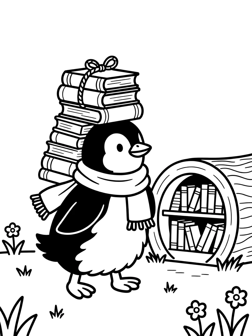 a proud a baby penguin carries a stack of tiny books tied with vine string to a hollow-log library.