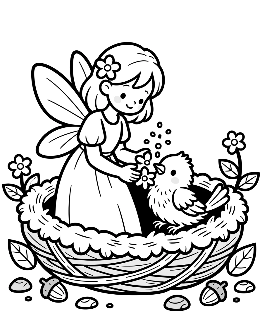 A tiny fairy healer tends to an injured baby bird's wing using flower petals and glowing dust, inside a cozy nest lined with soft moss.