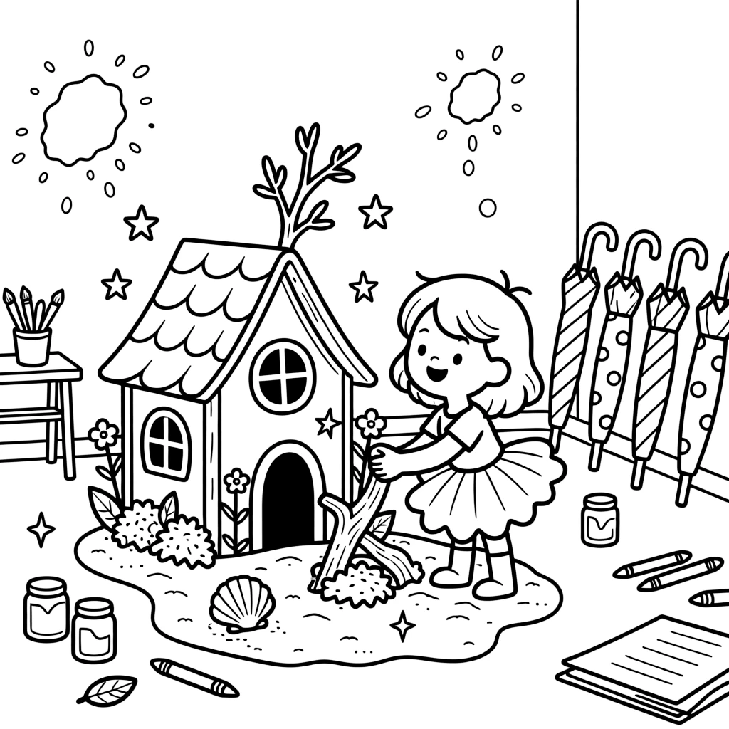 A girl in a twirly tutu is building a fairy house out of twigs and moss inside an art studio splattered with paint. glittering seashells scattered on the sand and a row of colorful umbrellas add a sprinkle of wonder to the moment.