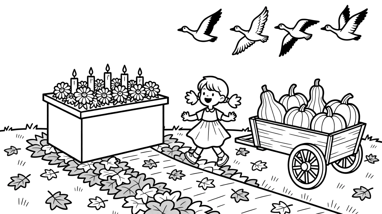An altar covered in marigolds and candles along a path covered in fallen red and orange leaves, with a joyful little girl playing close by amid a wagon full of gourds and a flock of geese flying south.