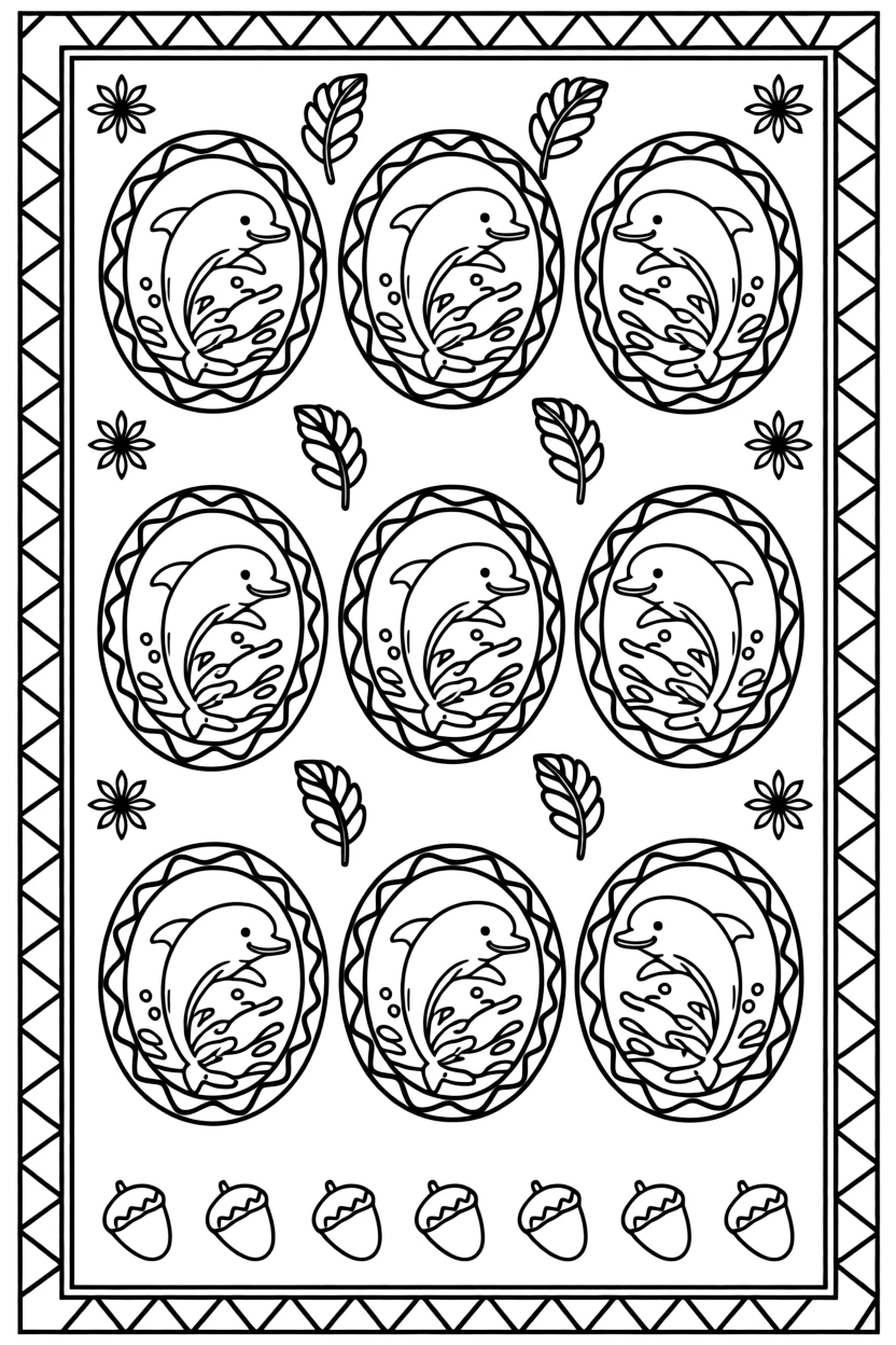 Ocean Creatures: The page centers on a repeating motif of a smiling dolphin leaping through a splash, built around an oval medallion mandala framed by a double border. The motif is lined up along the top and bottom edges, mirrored by a matching row along the left and right sides. Decorative details fill the surrounding space, including nested triangle shapes, fanned feather plumes, and six-point snowflake shapes woven throughout the background. A playful extra touch completes the page: a handful of tiny acorns scattered near the bottom edge.