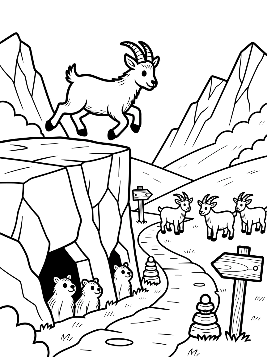 [Mountain Peaks] A young mountain goat leaps confidently across a rocky ledge high above a green valley. Below, marmots poke their heads out from between the rocks, watching a family of goats graze nearby. Jagged rock formations rise beside a winding trail marked with cairns and wooden signposts. Late afternoon light glows across the ridgeline, casting long shadows over the rocky trail.