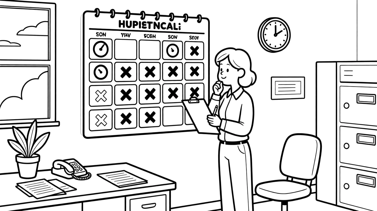 A hospital administrator reviews a wall calendar of surgery schedules in a busy office.
