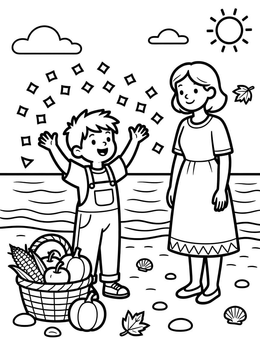 A boy in overalls tossing confetti in the air during a harvest festival with an aunt as waves gently lap the shore.