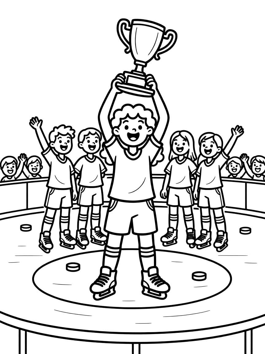 A little girl with curly hair, raising the team trophy overhead with teammates gathered around on the ice rink.