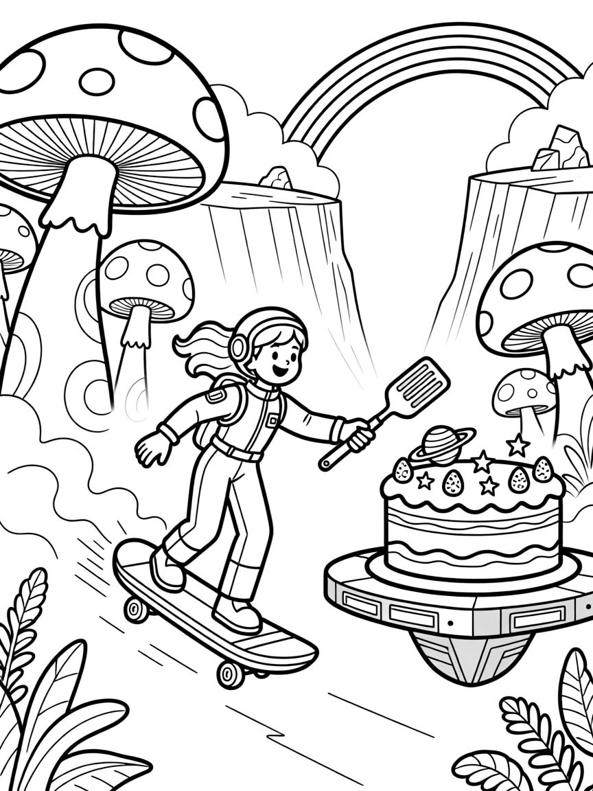 In a jungle of giant glowing mushrooms on a misty alien world, pilot Nebula zooming along on a gravity board helping bake a giant space cake for the colony's founding day, while a rainbow bridge arching over a canyon adds to the excitement.