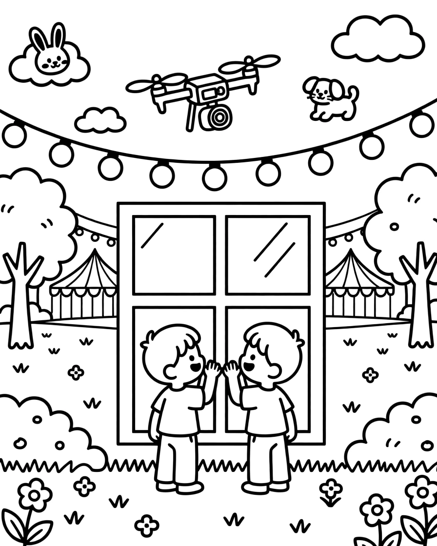 The scene captures a buzzing camera drone hovering over a park in the middle of a festival ground lit up with strings of colorful lights, with twin siblings pressing their faces to the window nearby and fluffy clouds shaped like animals drifting overhead sprinkled around for extra fun.