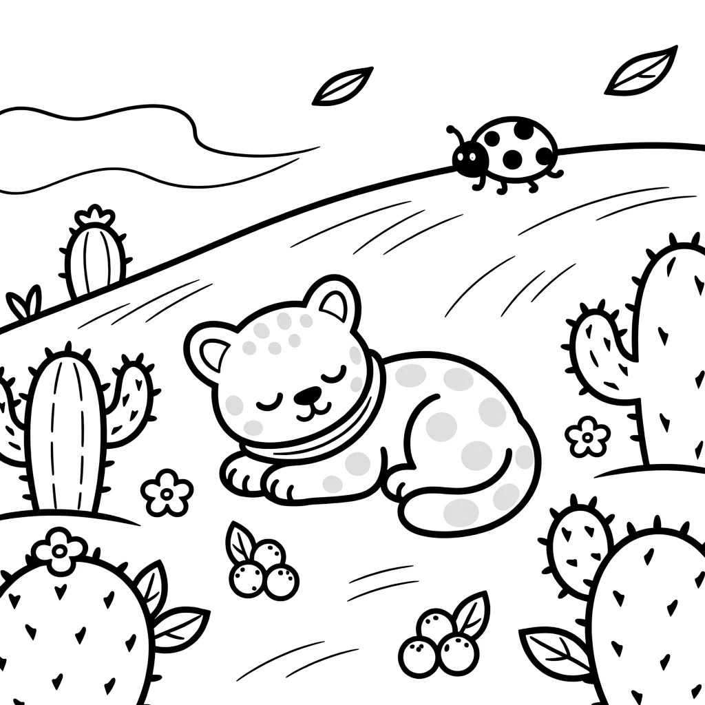 A snow leopard cub napping in a sunbeam next to a ladybug at the top of a windy hill, near a cactus garden, with ripe berries scattered on the ground.