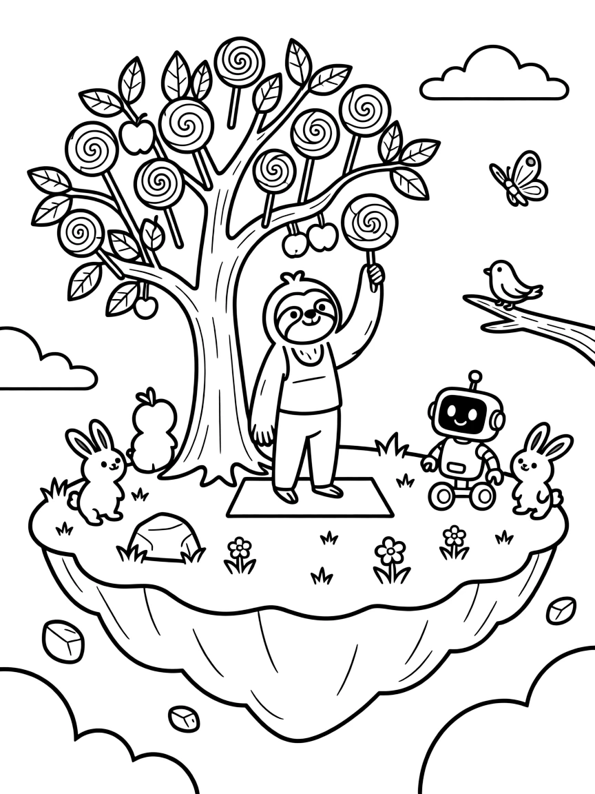 On a floating island drifting through the sky, a goofy sloth yoga teacher discovers the joy of picking apples from a tree that grows lollipops, while a tiny robot rolling along on training wheels watches happily nearby. Every creature nearby wants to join in the fun.