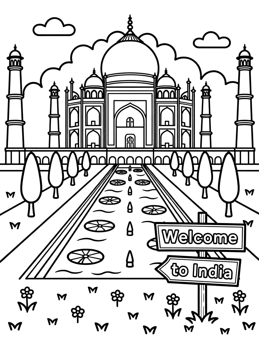 A coloring page inviting kids to explore India through the white marble domes and reflecting pool of the Taj Mahal, with small trees, flowers, and a signpost welcoming visitors nearby.